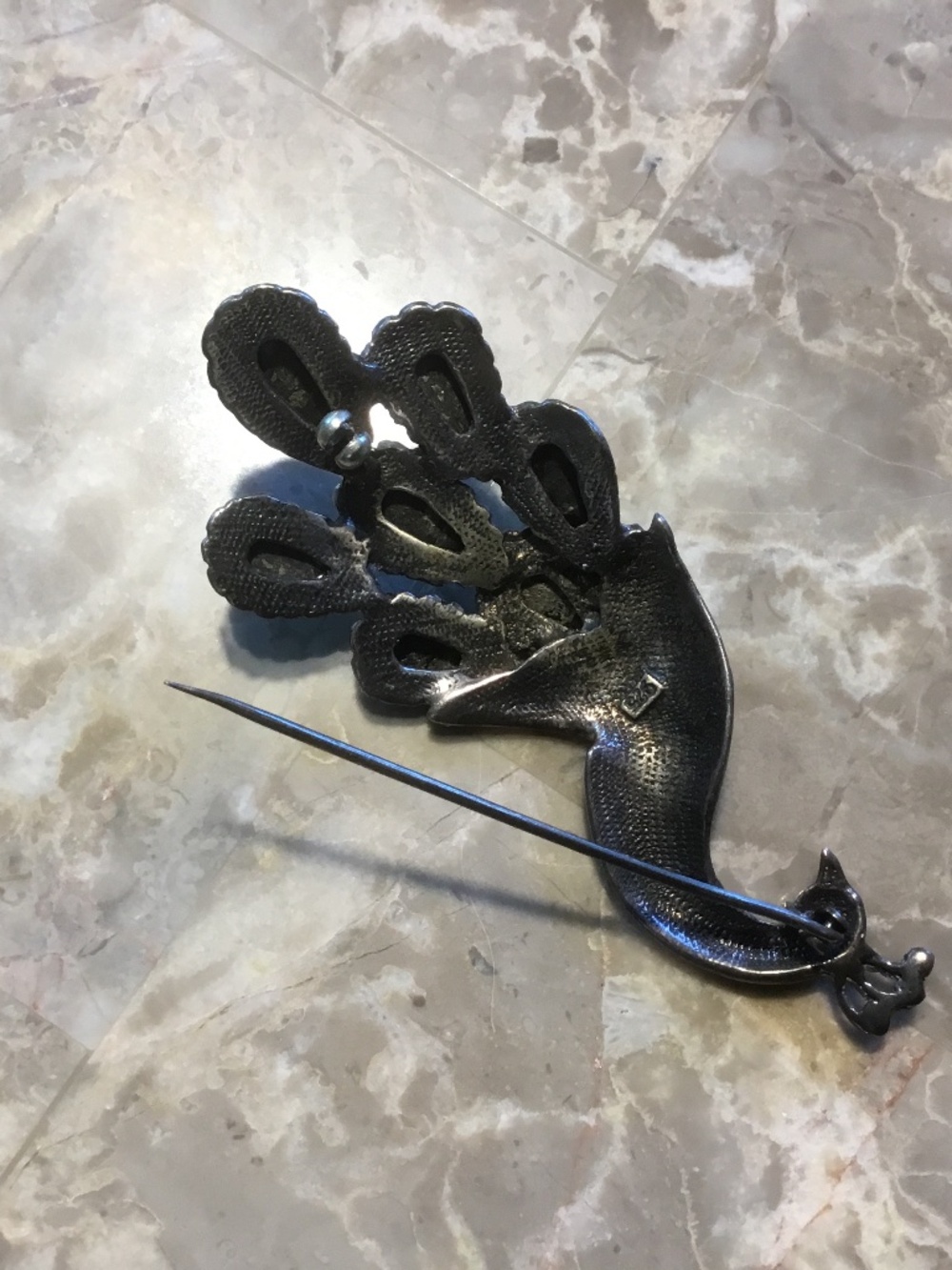 Sterling 925 ONYX Peacock Brooch (latch hook missing) - Picture 8 of 11